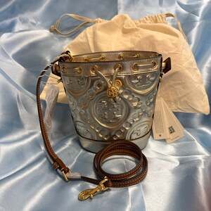 Tory Burch T Monogram Mini Puffy muted gold crossbody.